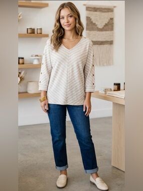 NWT Belldini striped dolman knit top gold grommets on shoulders and sleeves M